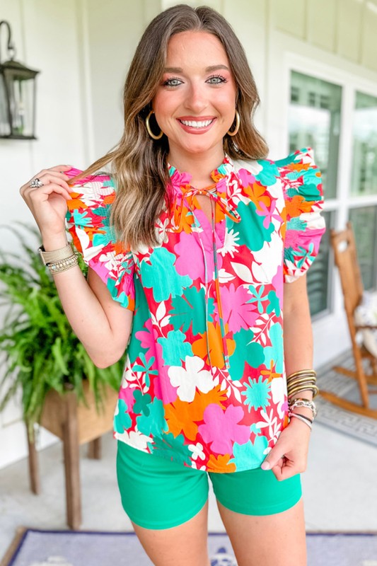 Women Floral Tie Split Neck Ruffle Trim Blouse