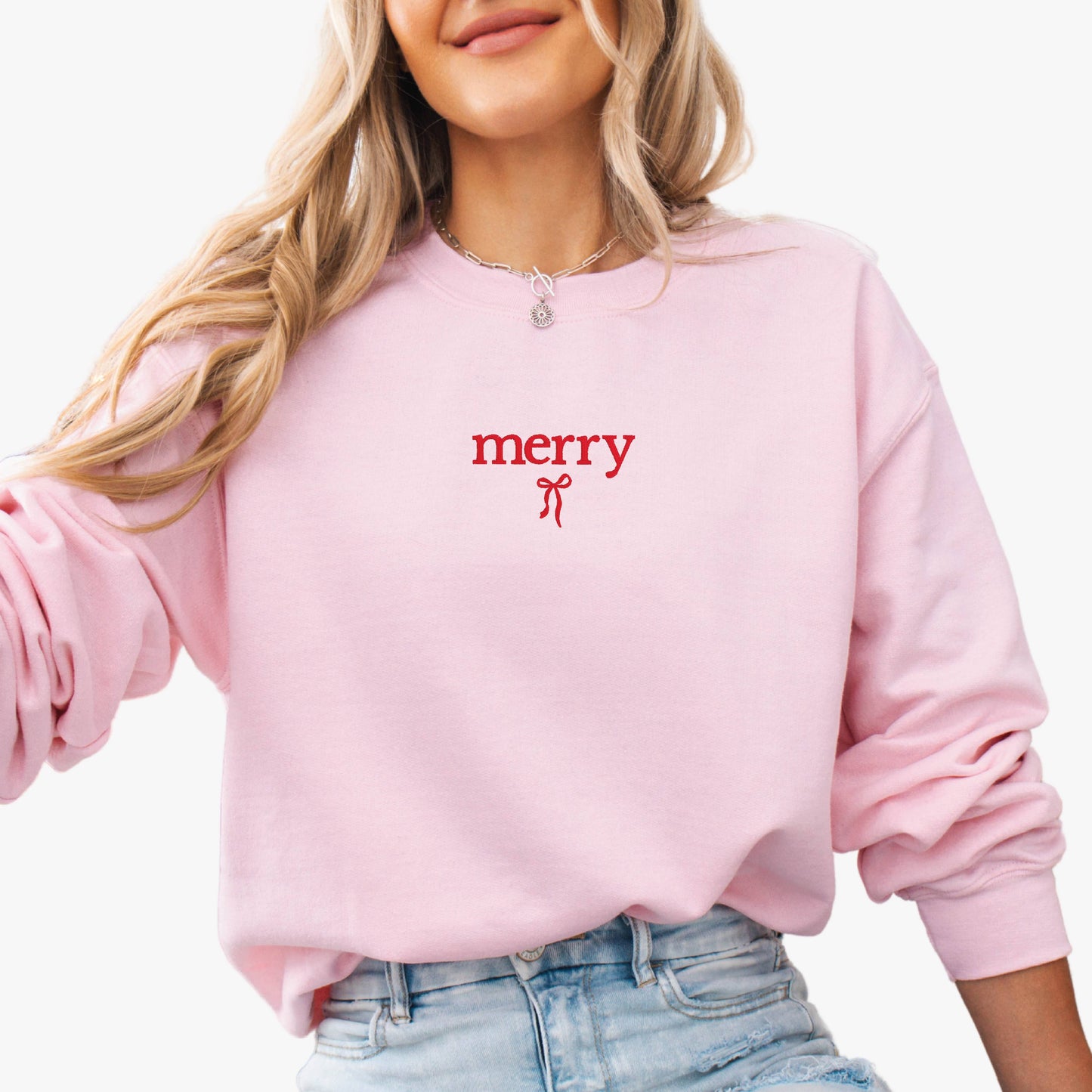 Embroidered Christmas Sweatshirt Holiday Crewneck Merry Bow: Forest Green / Medium