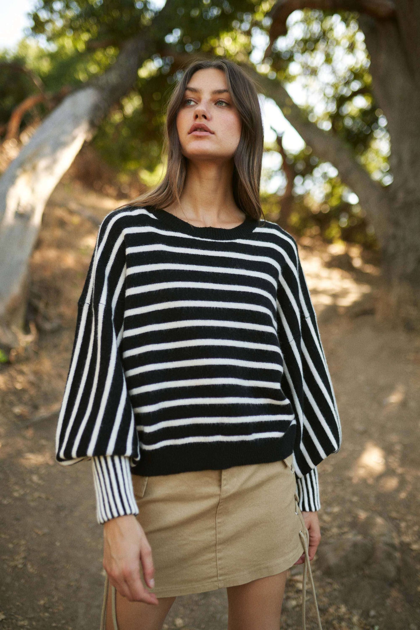 Stripe Puff Sleeve Sweater: Black/Brown / L
