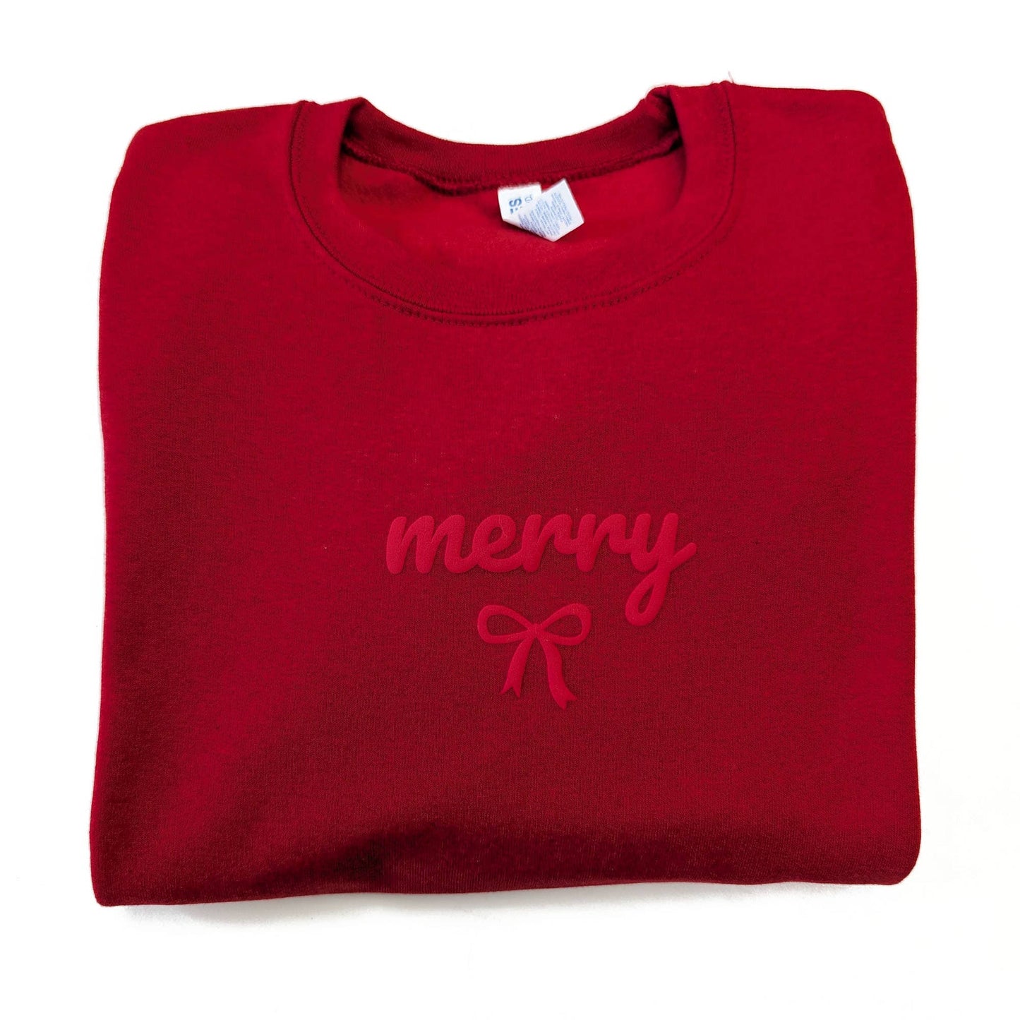 Christmas Sweatshirt MERRY Holiday Crewneck Sweater Puff Bow: Red / Large