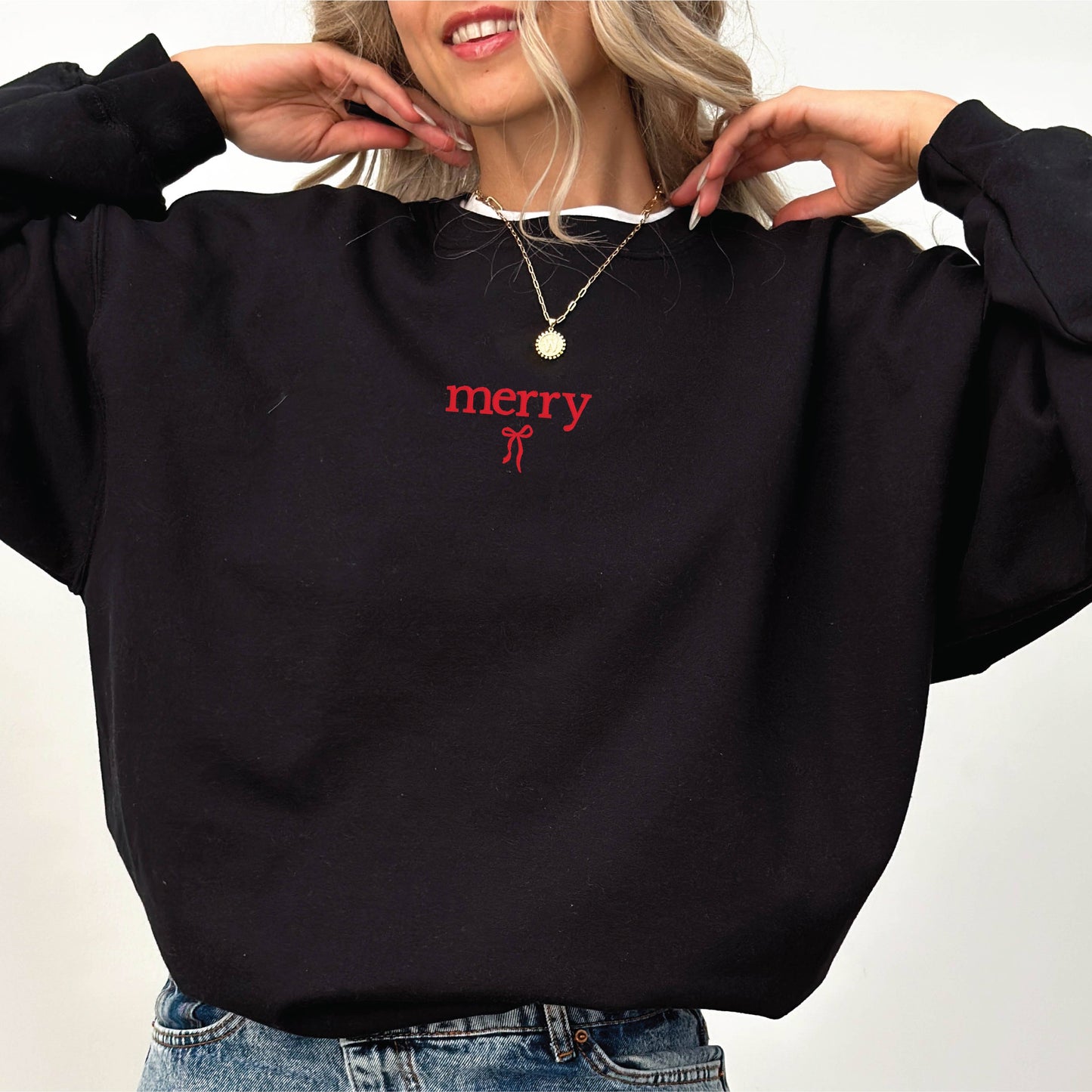 Embroidered Christmas Sweatshirt Holiday Crewneck Merry Bow: Forest Green / Large