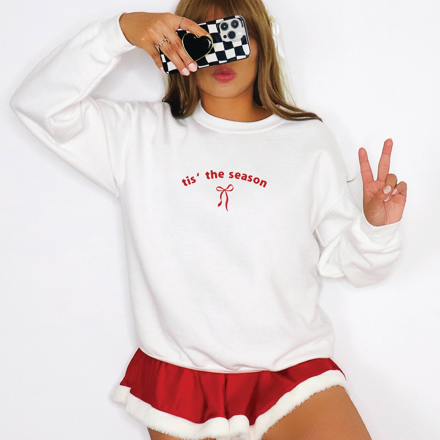 Embroidered Christmas Sweatshirt Holiday Crewneck Womens Bow: Red / Medium
