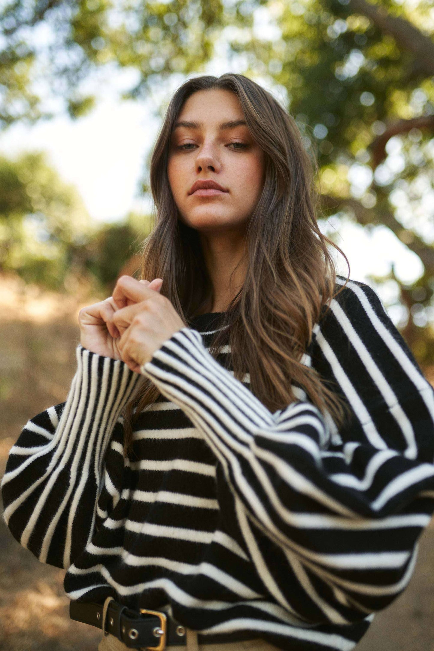 Stripe Puff Sleeve Sweater: Black/Brown / L