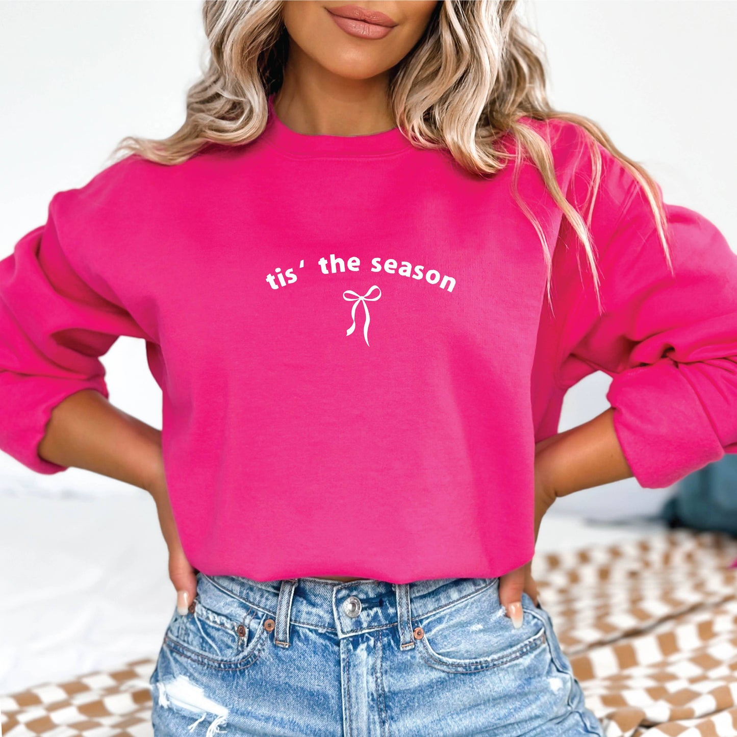 Embroidered Christmas Sweatshirt Holiday Crewneck Womens Bow: Red / Small