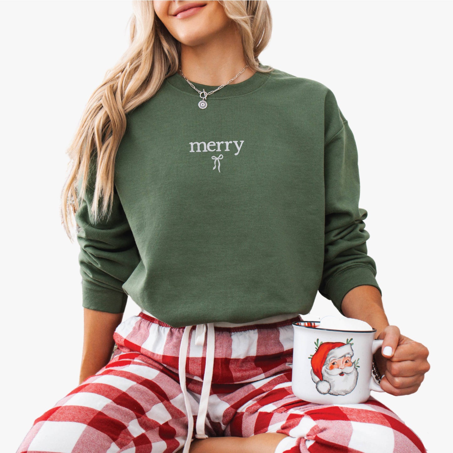 Embroidered Christmas Sweatshirt Holiday Crewneck Merry Bow: Forest Green / Large