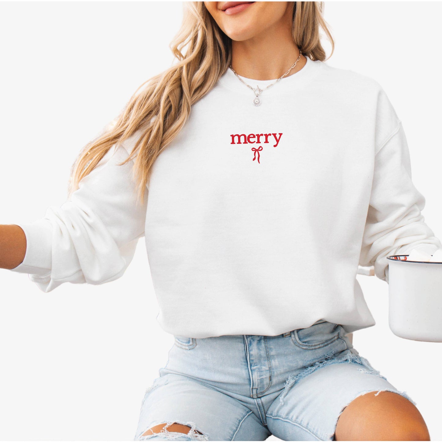 Embroidered Christmas Sweatshirt Holiday Crewneck Merry Bow: Light Pink / Small