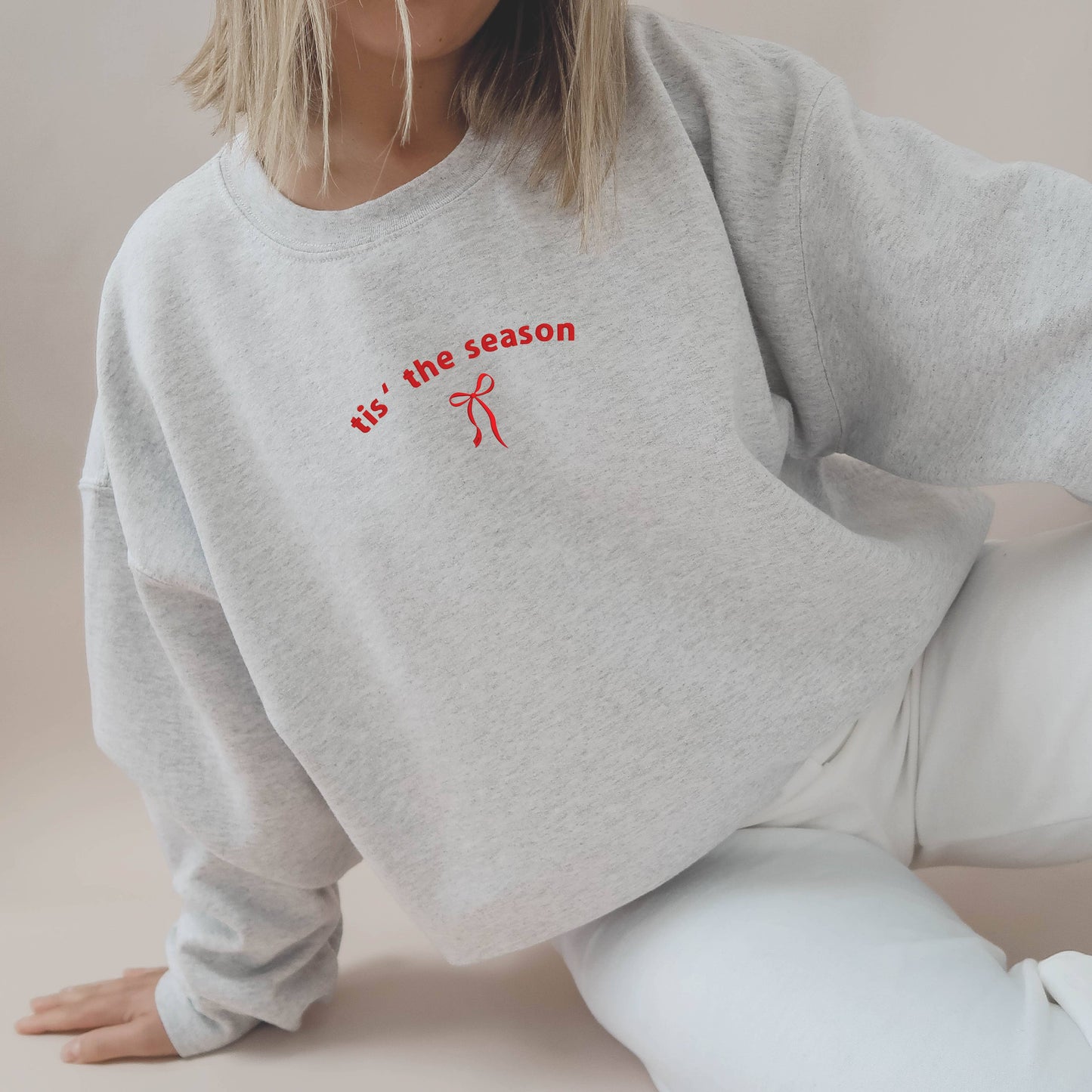 Embroidered Christmas Sweatshirt Holiday Crewneck Womens Bow: Red / Small
