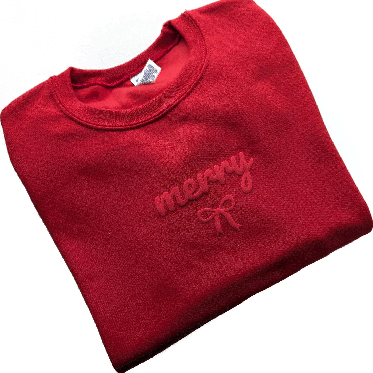 Christmas Sweatshirt MERRY Holiday Crewneck Sweater Puff Bow: Red / Large