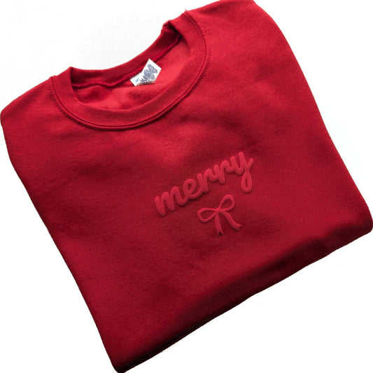 Christmas Sweatshirt MERRY Holiday Crewneck Sweater Puff Bow: Red / Medium