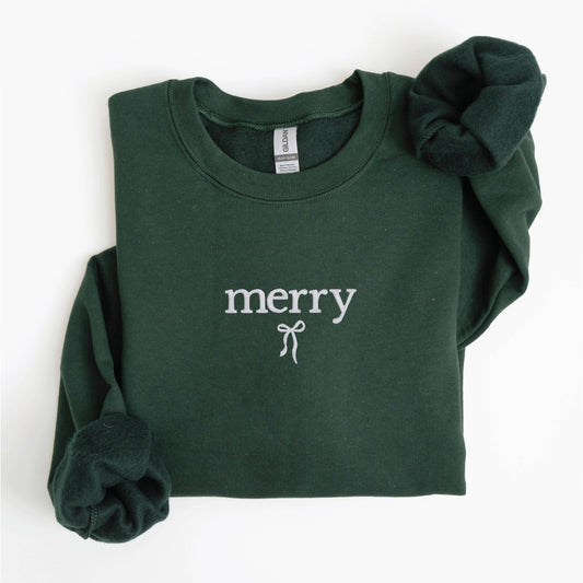 Embroidered Christmas Sweatshirt Holiday Crewneck Merry Bow: Forest Green / Large